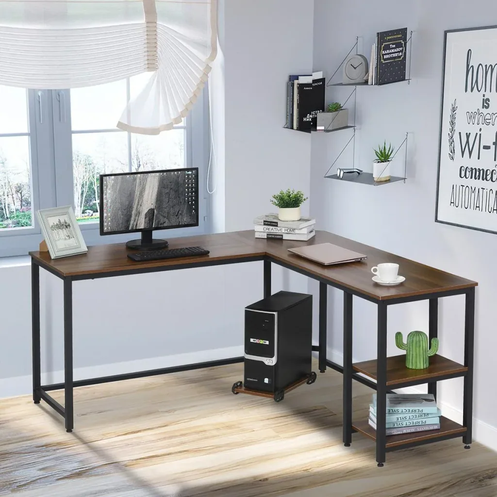 Computer Desk, L-Shaped Corner Desk, Writing Desk, Office Table, MDF+Steel, Walnut+Black, 150 x 150 x 76 cm