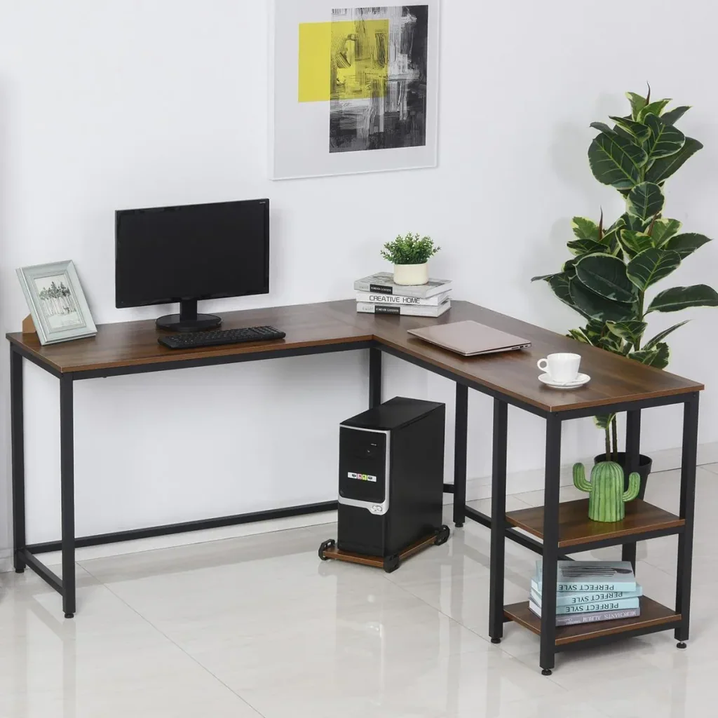 Computer Desk, L-Shaped Corner Desk, Writing Desk, Office Table, MDF+Steel, Walnut+Black, 150 x 150 x 76 cm