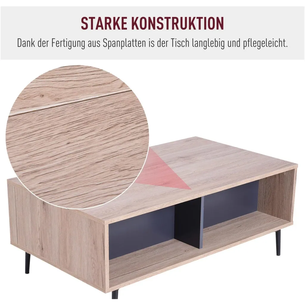 Side table coffee table table top height adjustable foldable with shelf storage compartment wood 100 x 58 x (39.3 52.7) cm