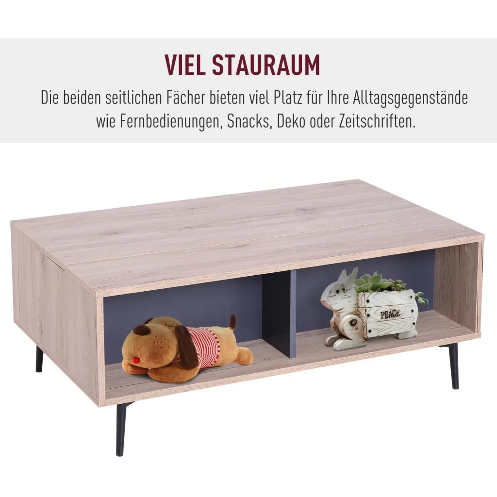 Side table coffee table table top height adjustable foldable with shelf storage compartment wood 100 x 58 x (39.3 52.7) cm