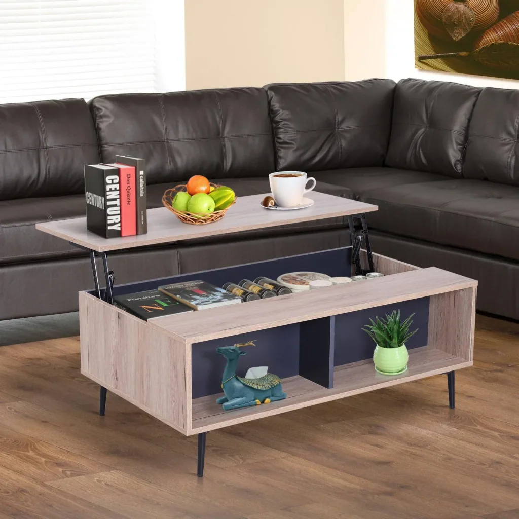 Side table coffee table table top height adjustable foldable with shelf storage compartment wood 100 x 58 x (39.3 52.7) cm