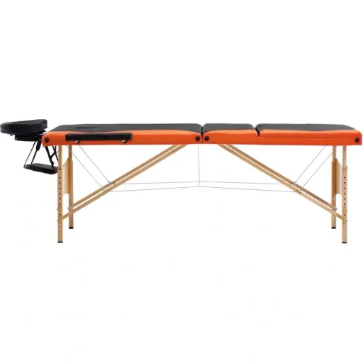 Folding massage table 3 zones wood black and orange