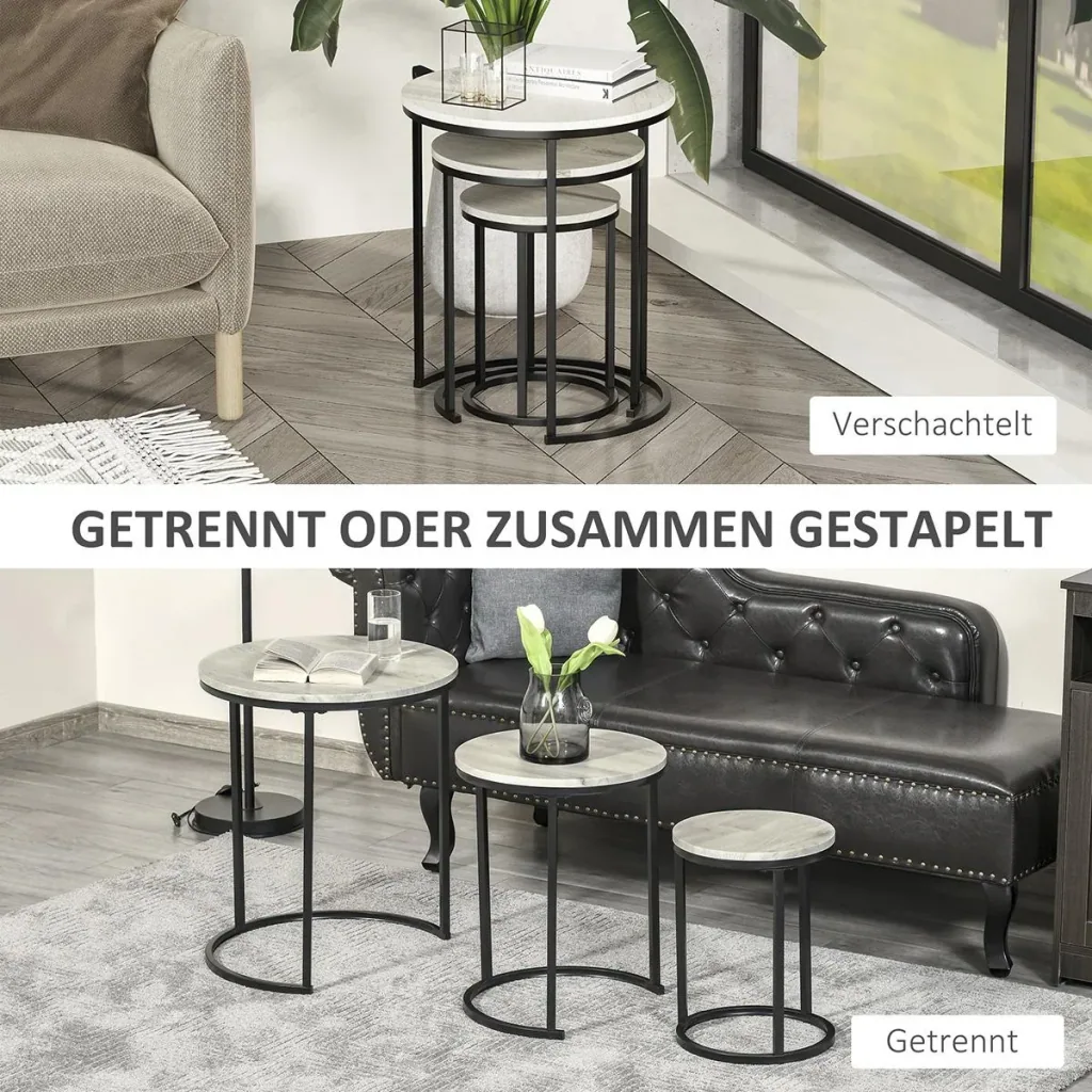 Side tables set of 3 stackable coffee tables 3 sizes industrial design metal black+grey