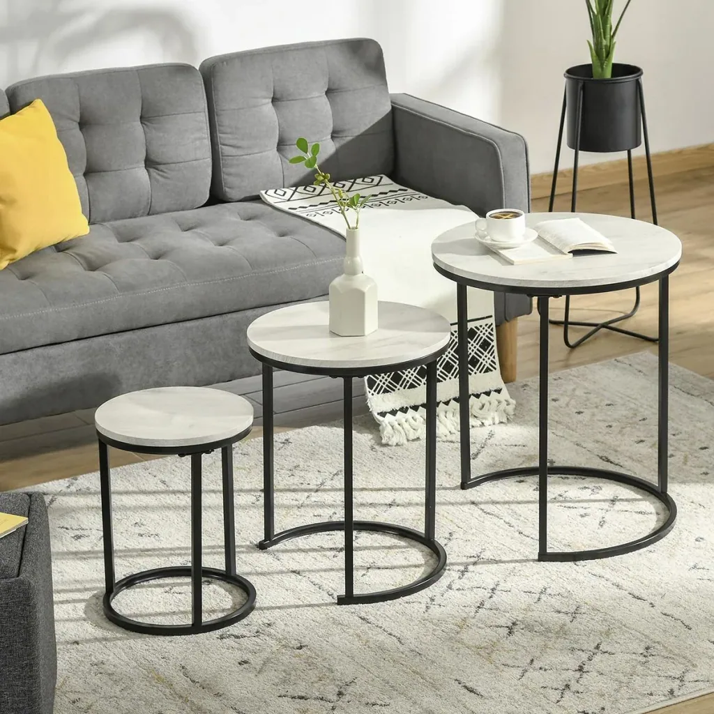 Side tables set of 3 stackable coffee tables 3 sizes industrial design metal black+grey