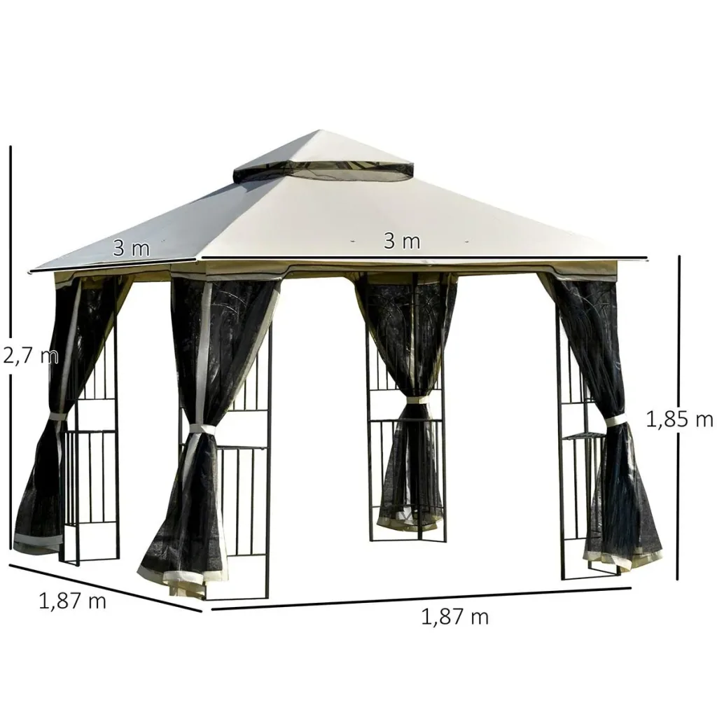 Garden gazebo with double roof, gazebo, garden tent, marquee, party tent with 4 side walls, metal + polyester, beige, 3 x 3 x 2