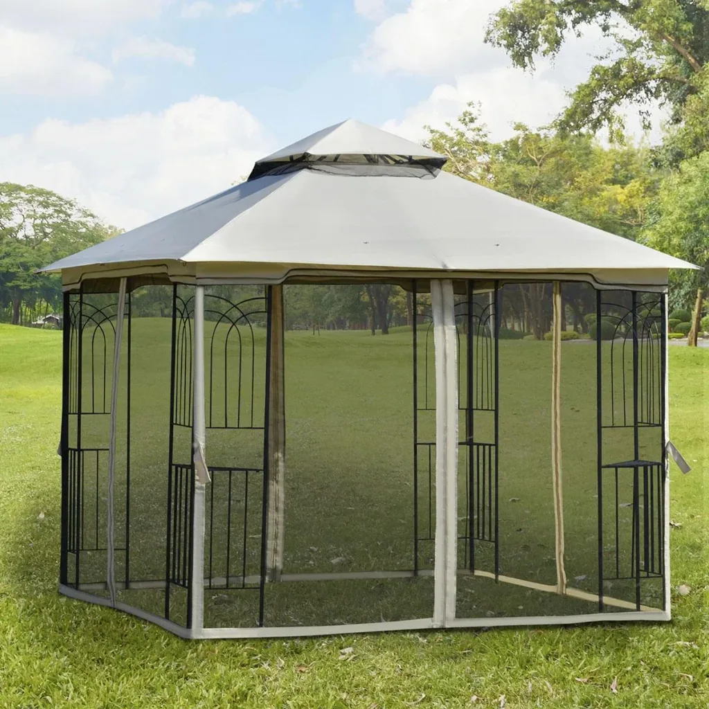 Garden gazebo with double roof, gazebo, garden tent, marquee, party tent with 4 side walls, metal + polyester, beige, 3 x 3 x 2