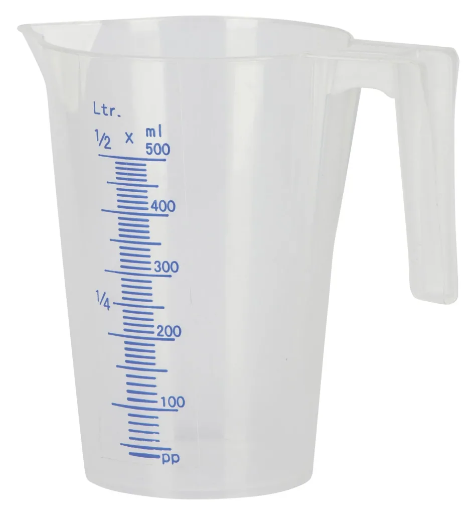Measuring cup with handle and pouring spout, with filling scale, for 500ml