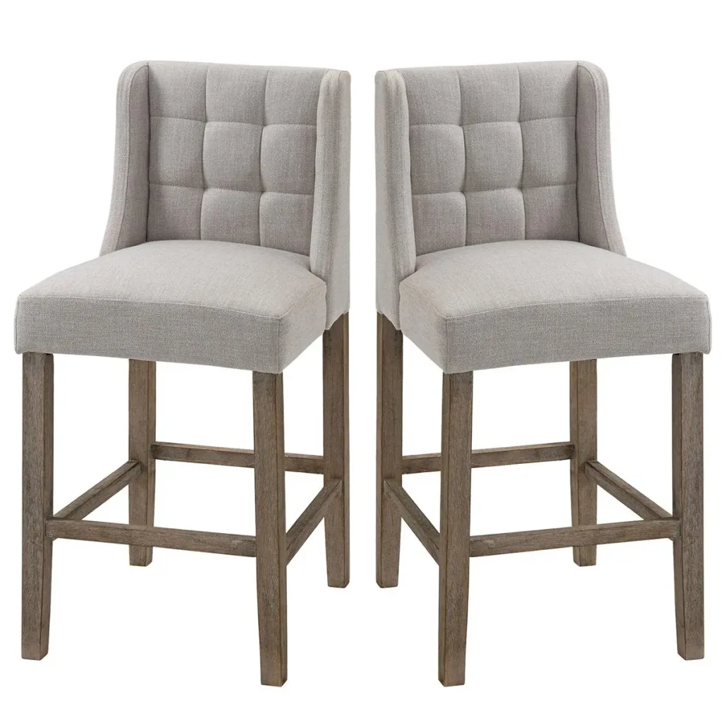 Set of 2 bar stools, modern kitchen chairs, bar stools for kitchen with low backrest, linen touch, rubber wood, beige, 47 x 5
