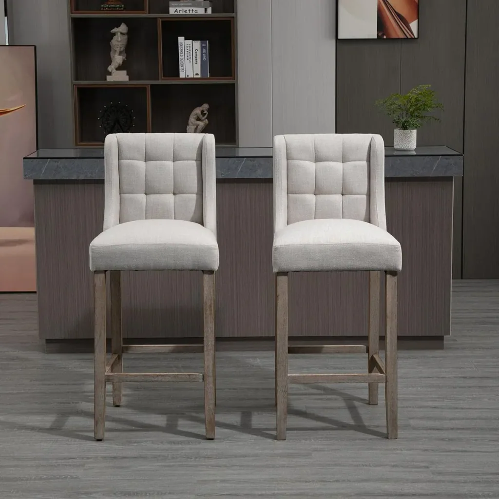 Set of 2 bar stools, modern kitchen chairs, bar stools for kitchen with low backrest, linen touch, rubber wood, beige, 47 x 5
