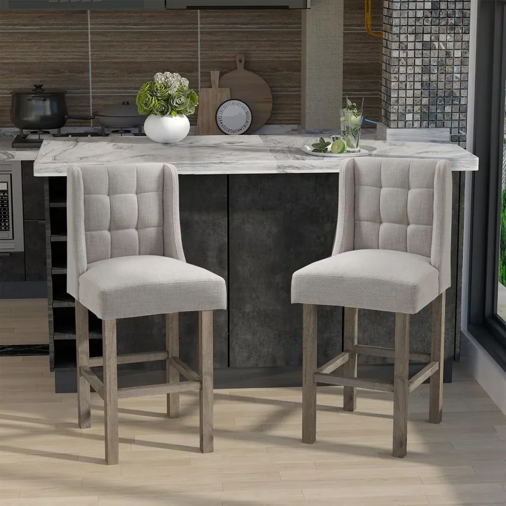 Set of 2 bar stools, modern kitchen chairs, bar stools for kitchen with low backrest, linen touch, rubber wood, beige, 47 x 5