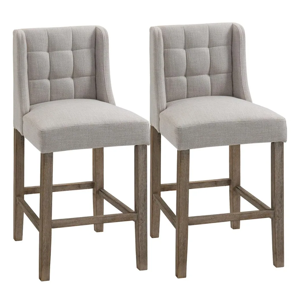Set of 2 bar stools, modern kitchen chairs, bar stools for kitchen with low backrest, linen touch, rubber wood, beige, 47 x 5