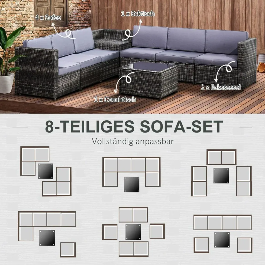 Polyrattan lounge set 8-piece including cushions