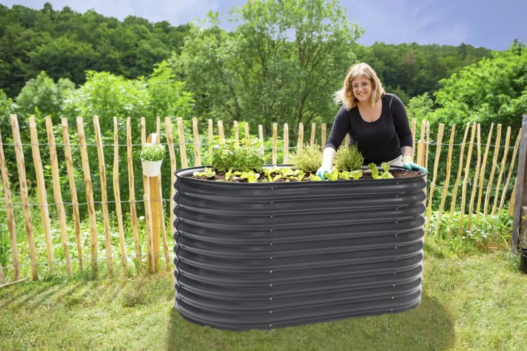 Verhoogde moestuinbak Grow Faster, 160×80×82 cm, Antraciet – Metaal van gegalvaniseerd golfplaat