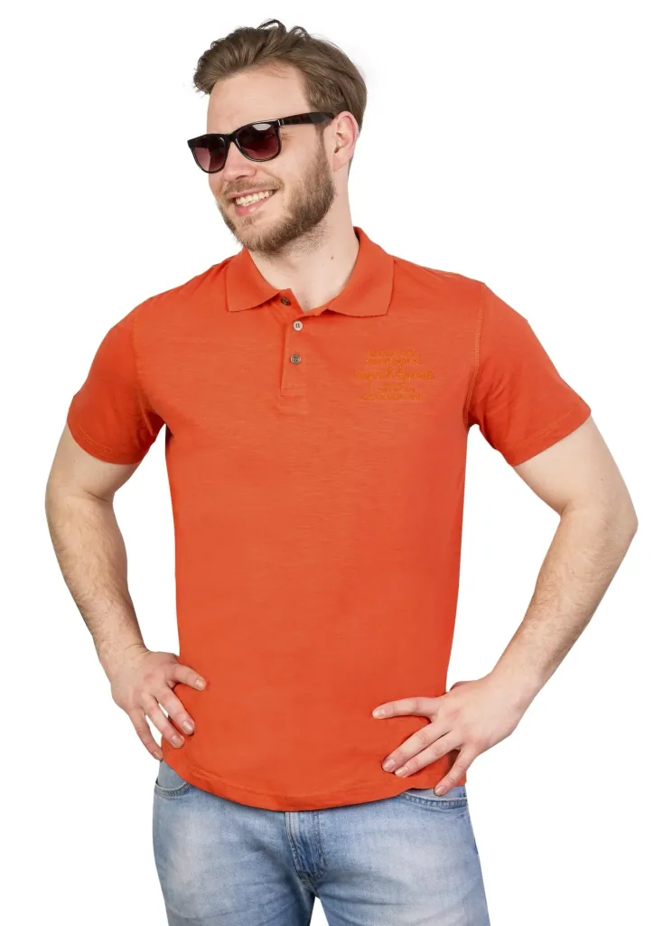 Polo shirt with button placket, color terracotta, size M