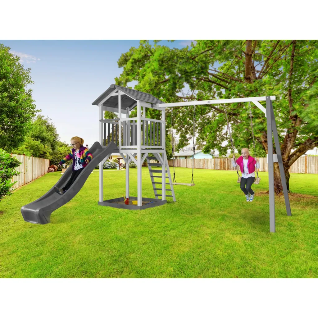 Beach Tower play tower with double swing - grey slide