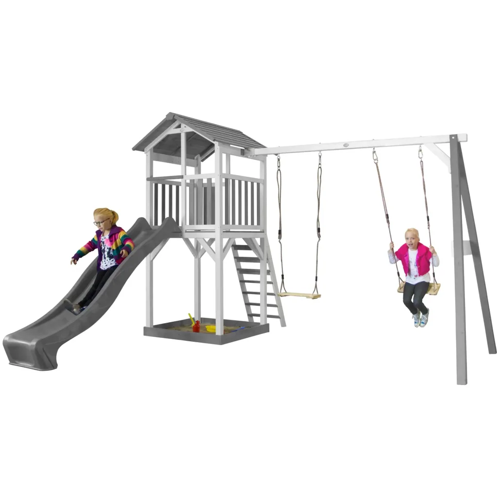 Beach Tower play tower with double swing - grey slide