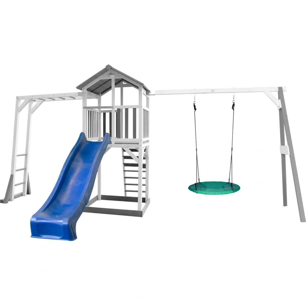 Beach Tower play tower with climbing frame and Summer Nest swing - Blue slide