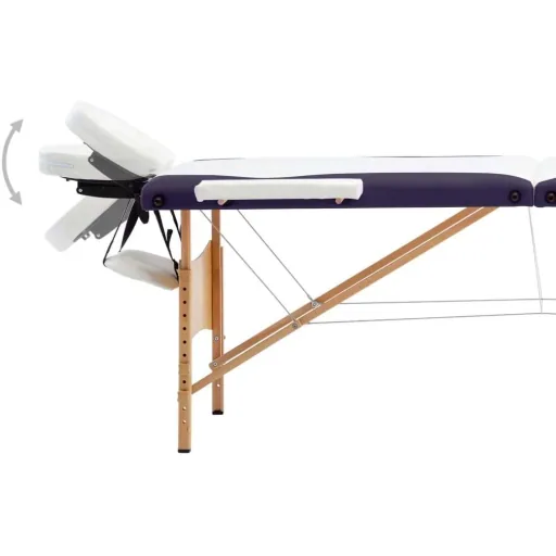 Folding massage table 3 zones wood white and purple