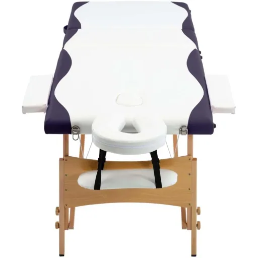 Folding massage table 3 zones wood white and purple