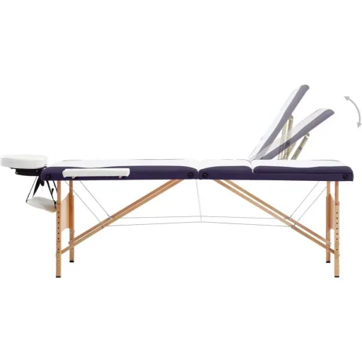 Folding massage table 3 zones wood white and purple