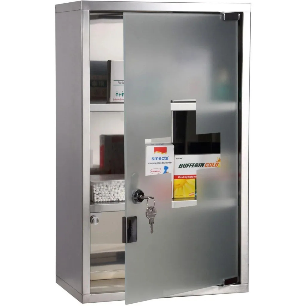 Stainless steel medicine cabinet with lock and 3 compartments