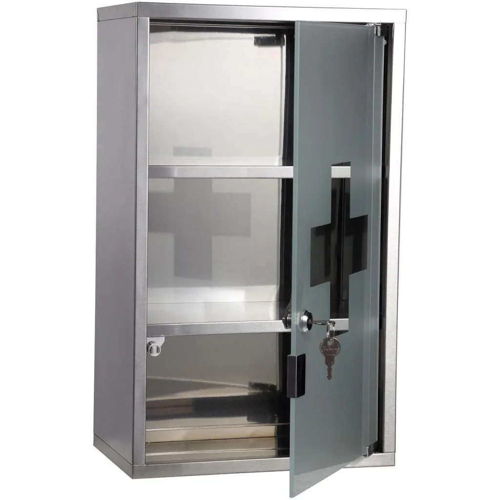Stainless steel medicine cabinet with lock and 3 compartments