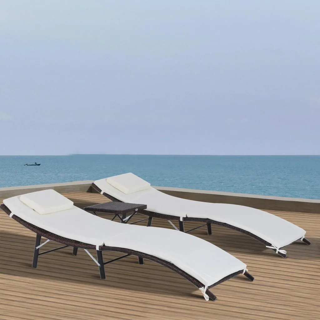 Set of 3 sun loungers with table, garden furniture, polyrattan, foldable, brown, 196 x 61 x 53 cm