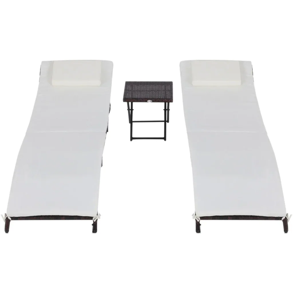 Set of 3 sun loungers with table, garden furniture, polyrattan, foldable, brown, 196 x 61 x 53 cm