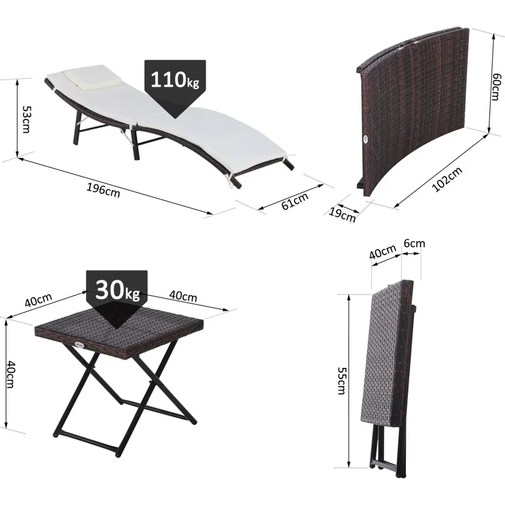Set of 3 sun loungers with table, garden furniture, polyrattan, foldable, brown, 196 x 61 x 53 cm