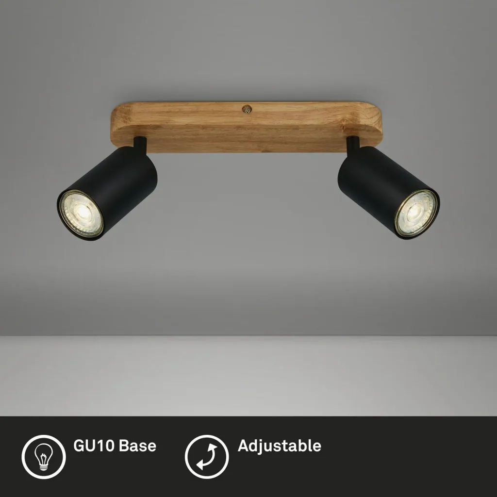 Vintage spotlight 2-bulb, black with wooden canopy, 2 x GU10 socket