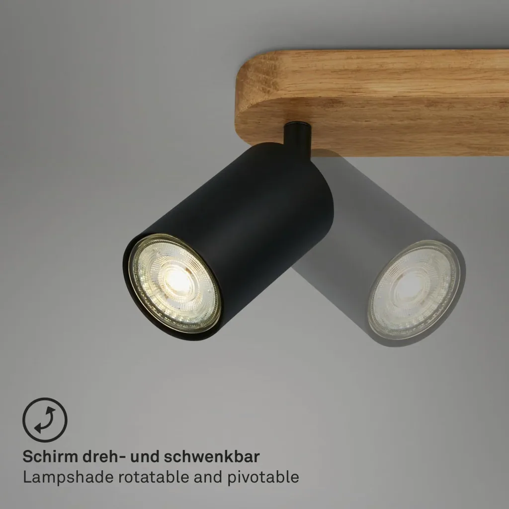 Vintage spotlight 2-bulb, black with wooden canopy, 2 x GU10 socket