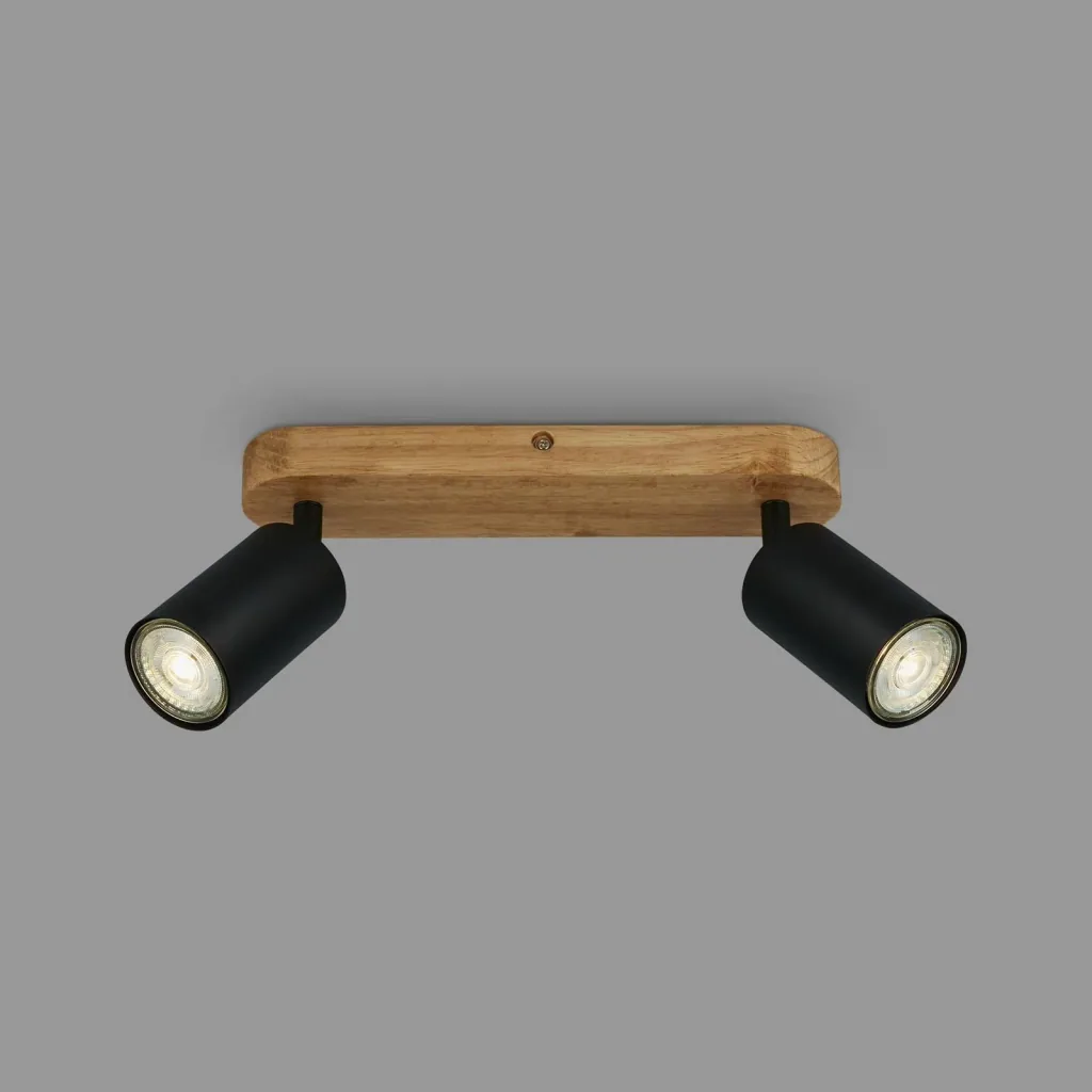 Vintage spotlight 2-bulb, black with wooden canopy, 2 x GU10 socket