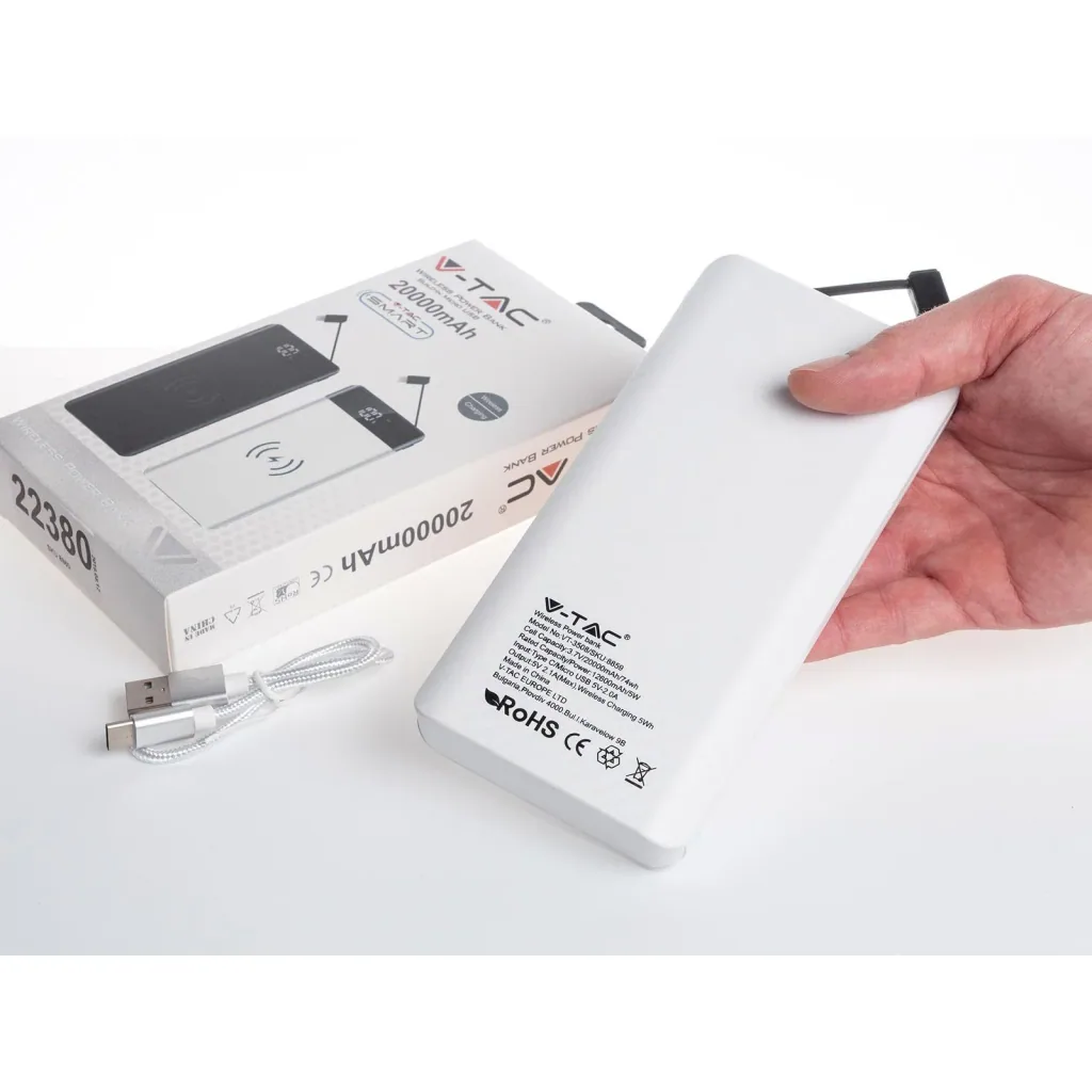 VT-3508 Power Bank with QI Wireless Charging Function - 20,000 mAh - Includes Micro USB Cable - White