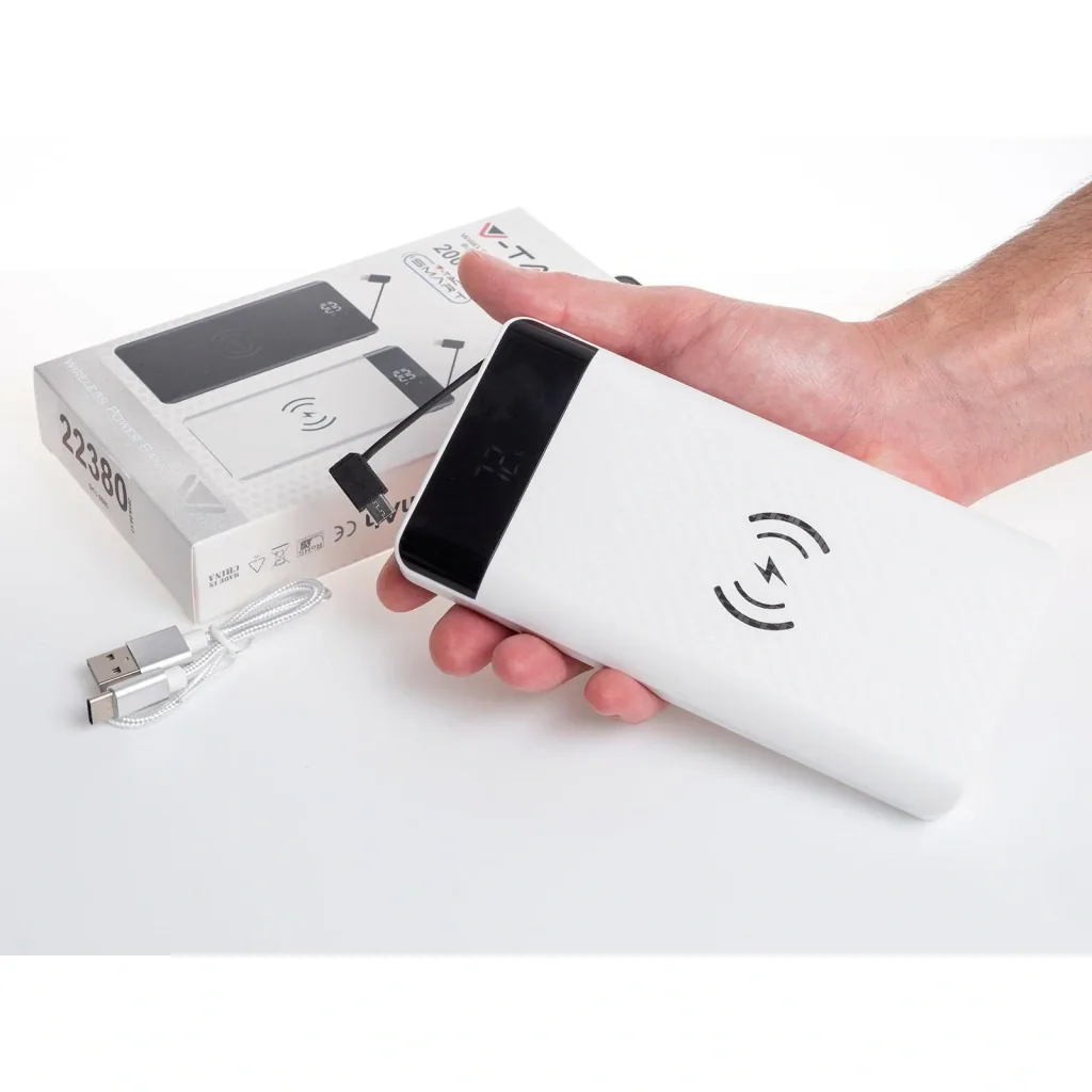 VT-3508 Power Bank with QI Wireless Charging Function - 20,000 mAh - Includes Micro USB Cable - White