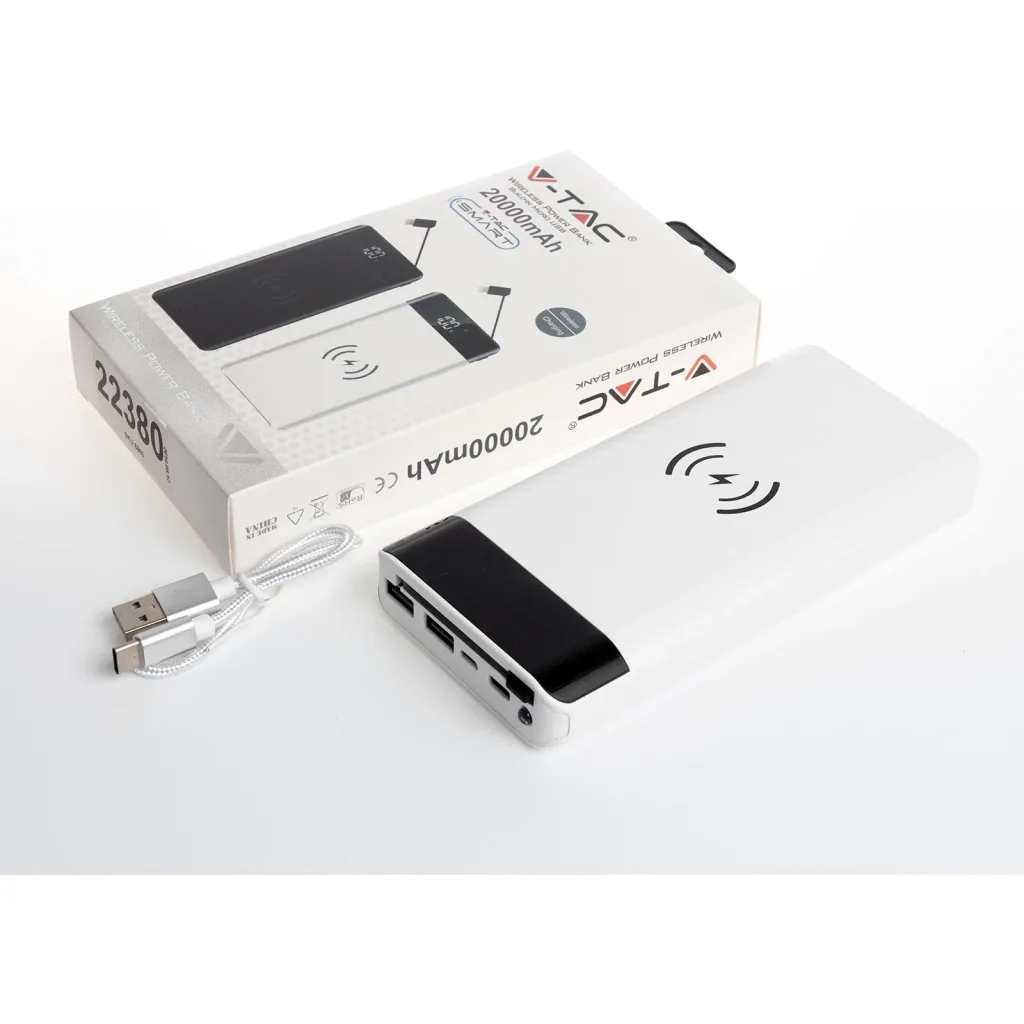 VT-3508 Power Bank with QI Wireless Charging Function - 20,000 mAh - Includes Micro USB Cable - White