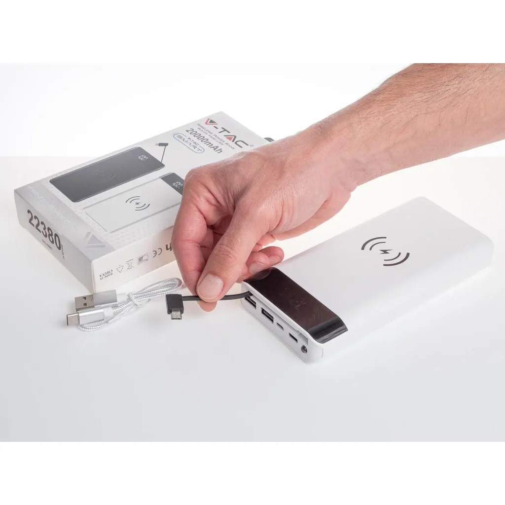 VT-3508 Power Bank with QI Wireless Charging Function - 20,000 mAh - Includes Micro USB Cable - White
