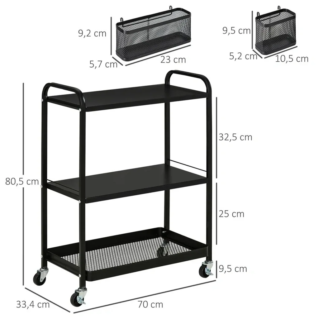 Serving trolley with 3 levels, steel, black, 70 x 33.4 x 80.5 cm