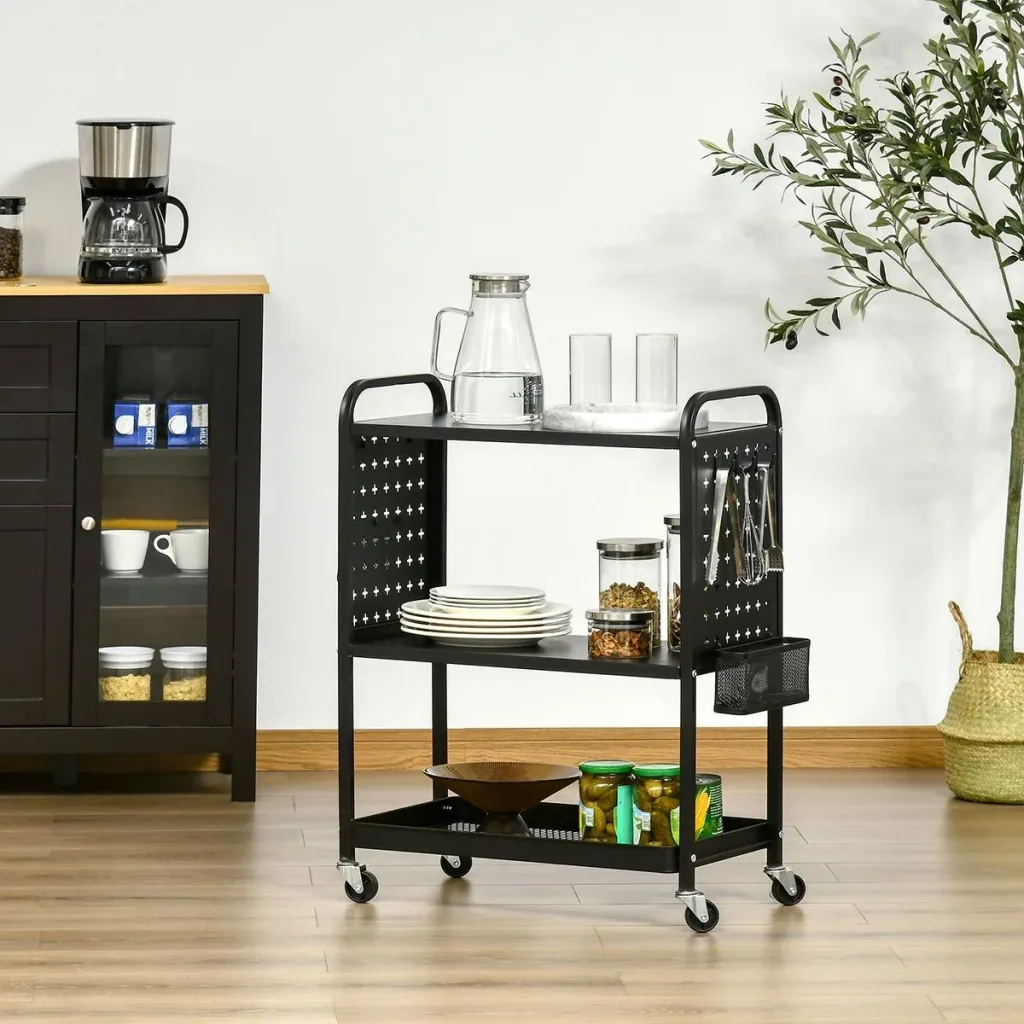Serving trolley with 3 levels, steel, black, 70 x 33.4 x 80.5 cm