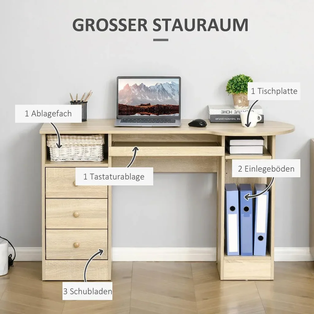 Computer desk office table home office work table with shelves drawers natural 125 x 60 x 74 cm