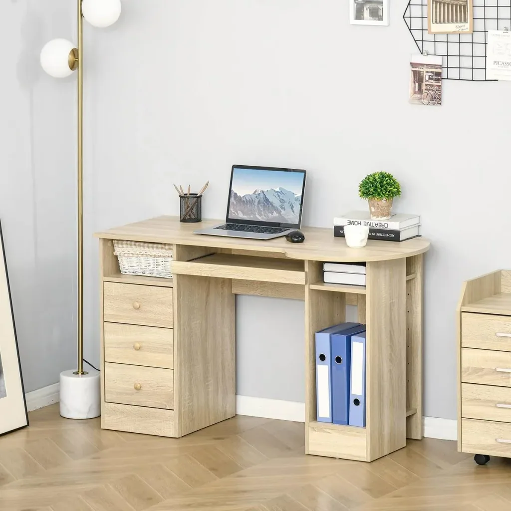 Computer desk office table home office work table with shelves drawers natural 125 x 60 x 74 cm
