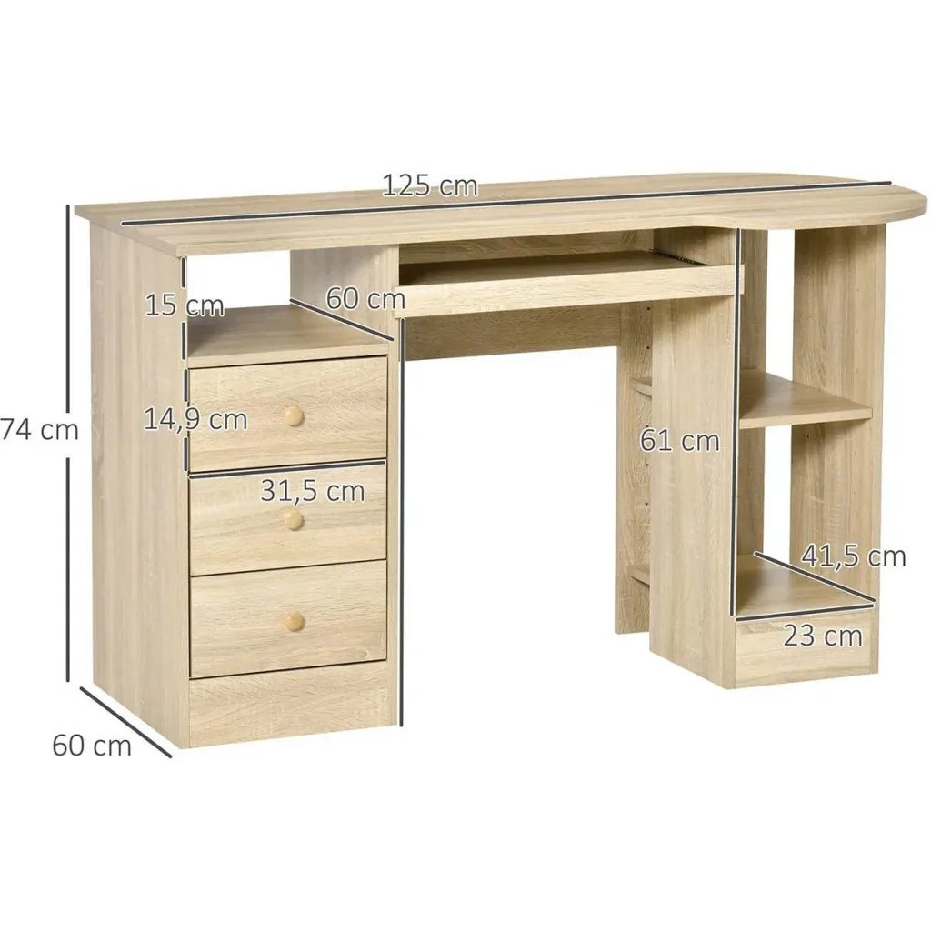 Computer desk office table home office work table with shelves drawers natural 125 x 60 x 74 cm