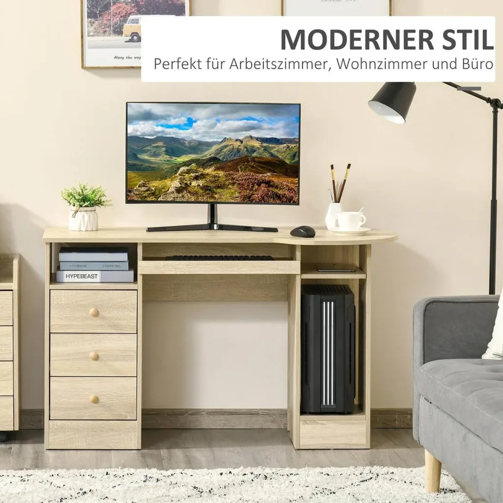 Computer desk office table home office work table with shelves drawers natural 125 x 60 x 74 cm