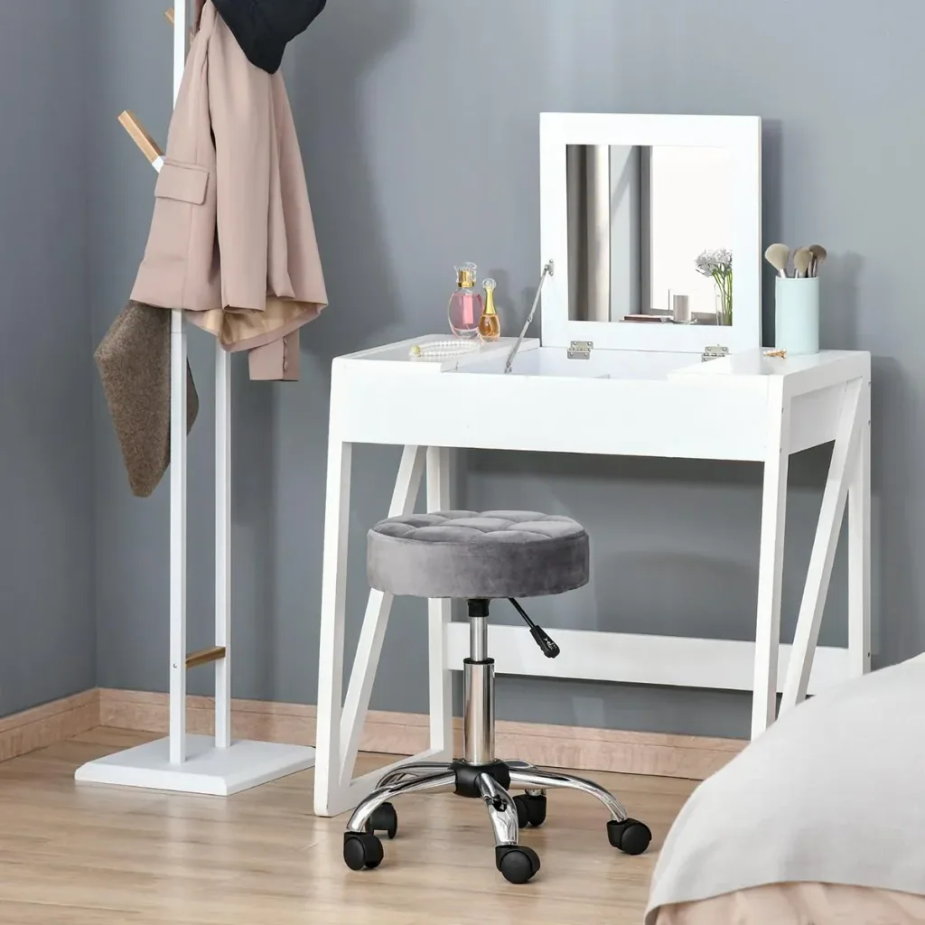 Salon chair with wheels, rolling stool, height adjustable, rotating, salon stool, velvet touch foam, chrome base, grey, 35 x 35 x