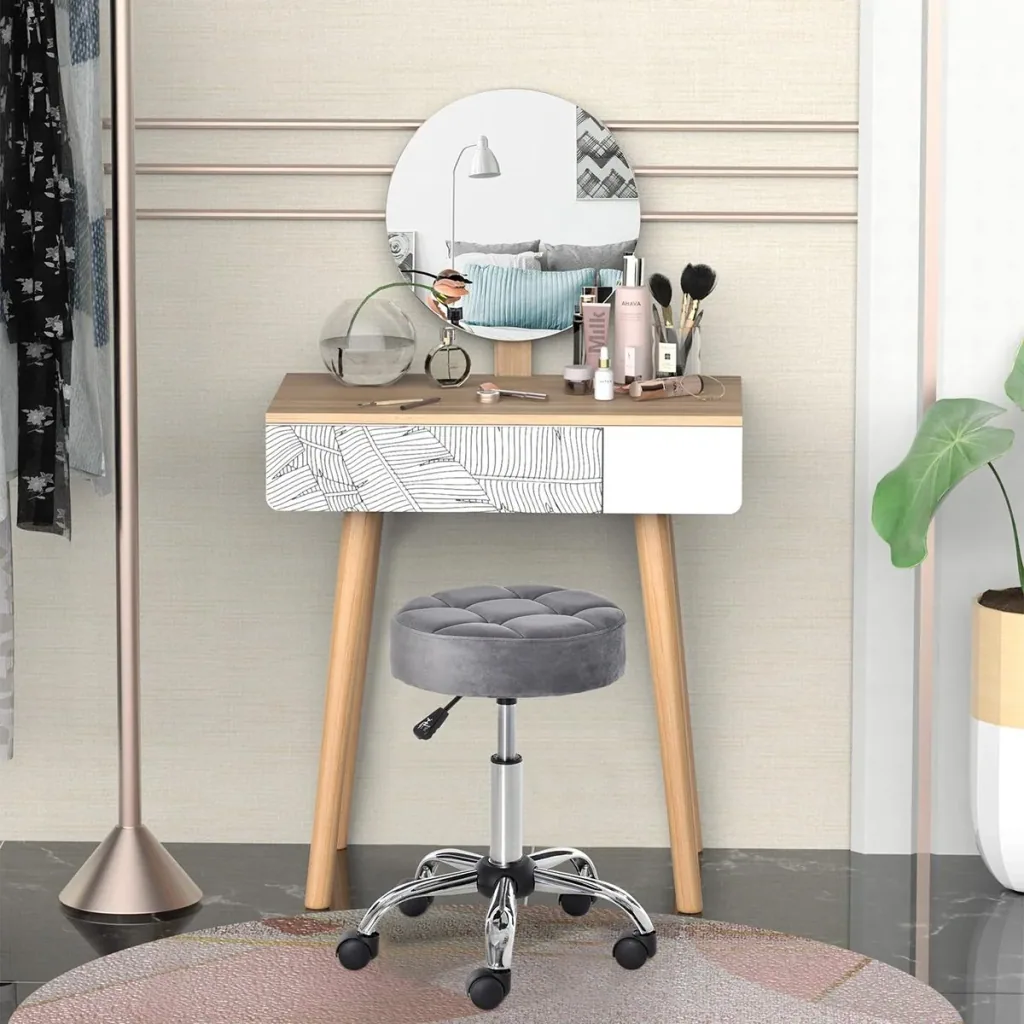Salon chair with wheels, rolling stool, height adjustable, rotating, salon stool, velvet touch foam, chrome base, grey, 35 x 35 x