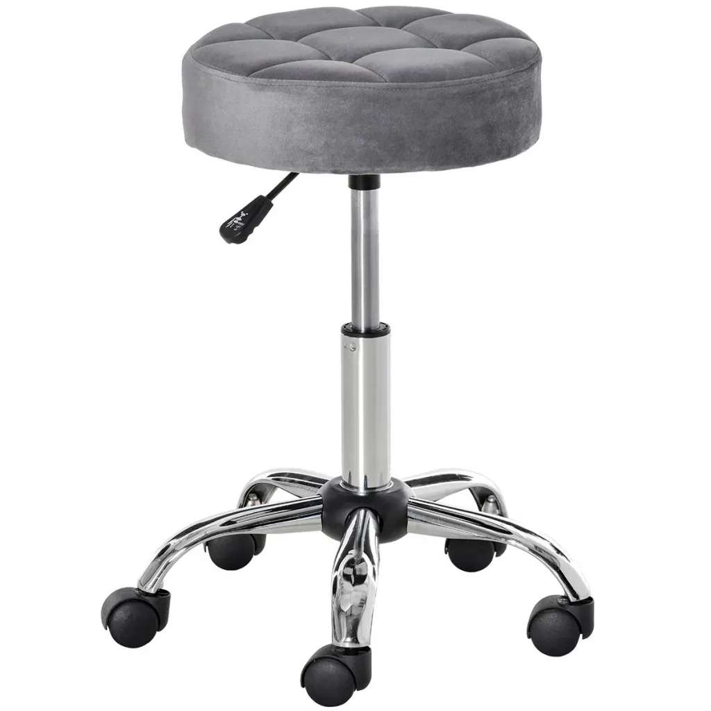 Salon chair with wheels, rolling stool, height adjustable, rotating, salon stool, velvet touch foam, chrome base, grey, 35 x 35 x