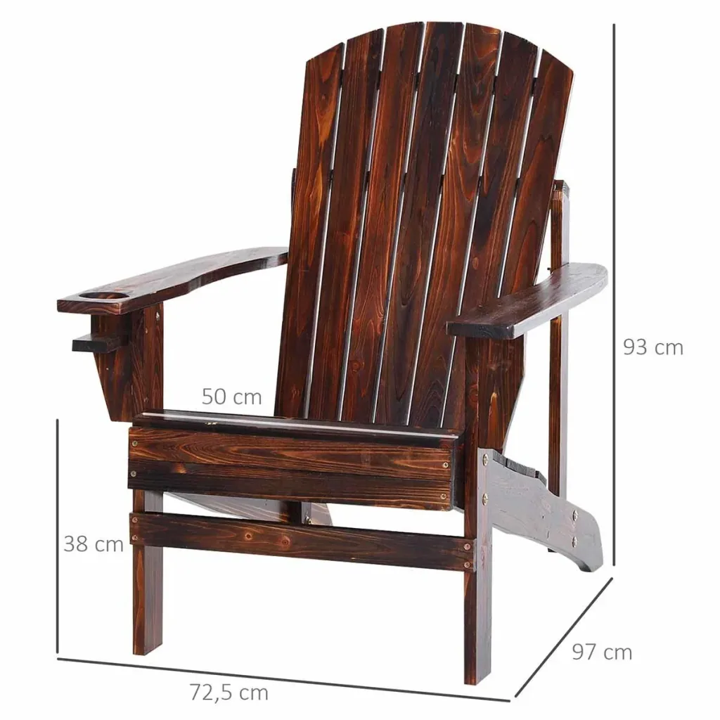 Adirondack garden chair with cup holder, garden lounger, balcony chair, solid wood, charred, 97 x 72.5 x 93 cm