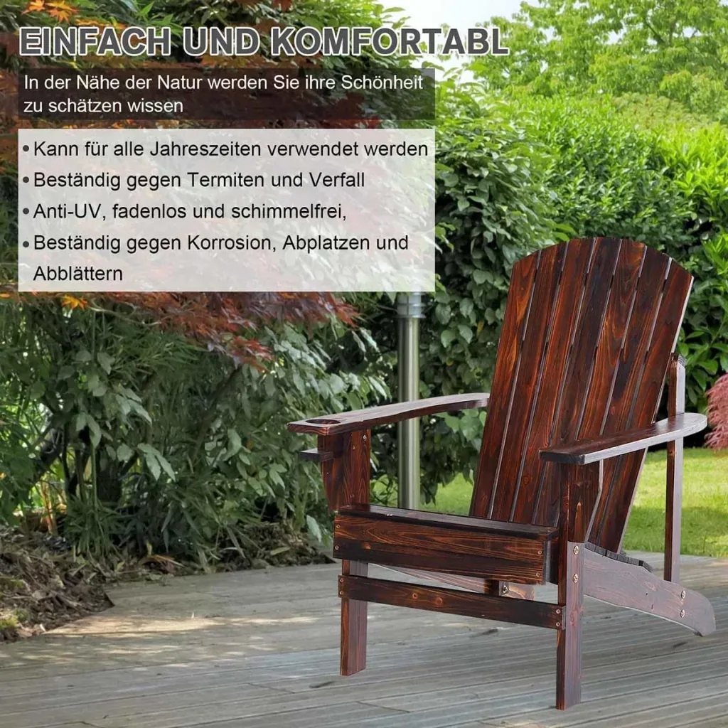 Adirondack garden chair with cup holder, garden lounger, balcony chair, solid wood, charred, 97 x 72.5 x 93 cm