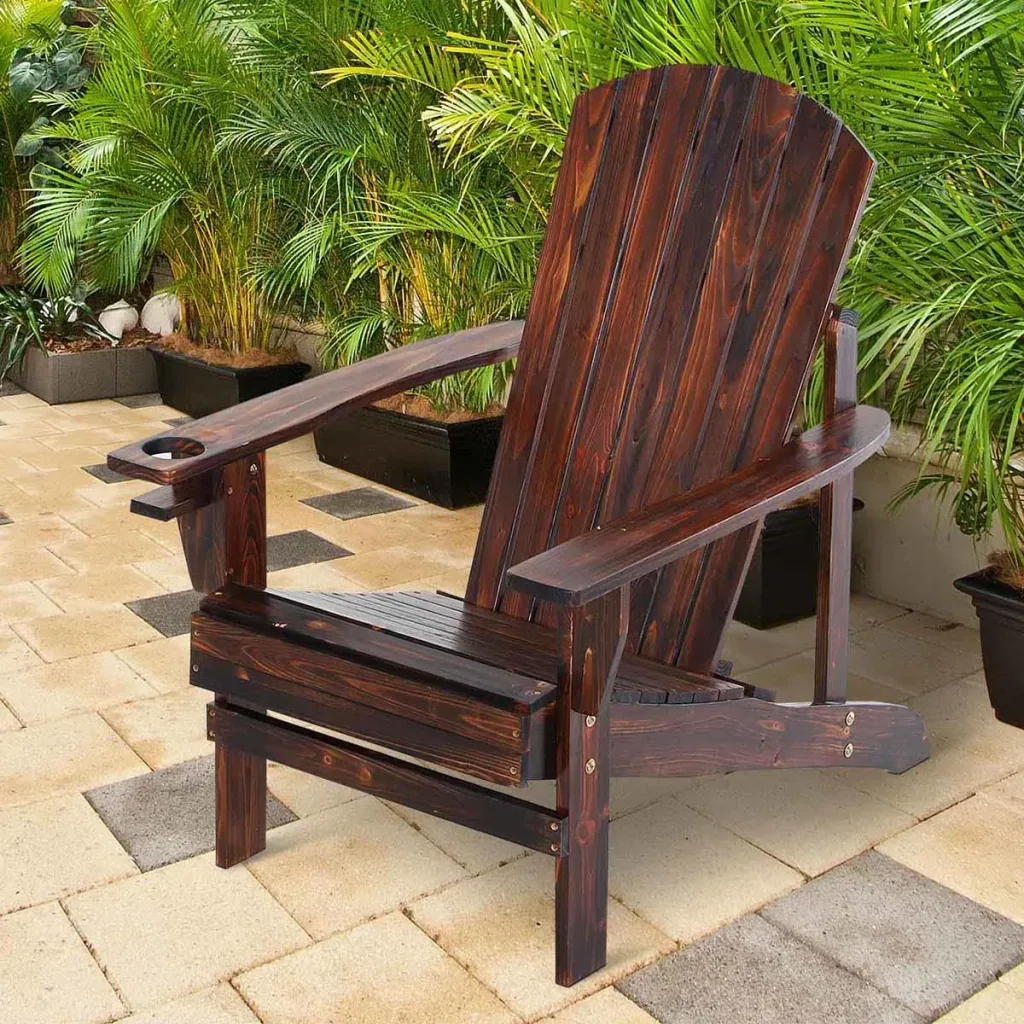 Adirondack garden chair with cup holder, garden lounger, balcony chair, solid wood, charred, 97 x 72.5 x 93 cm