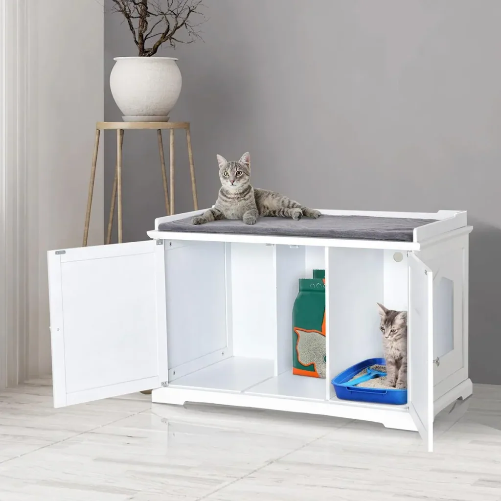 2-in-1 cat litter box with drawer and lid white+grey
