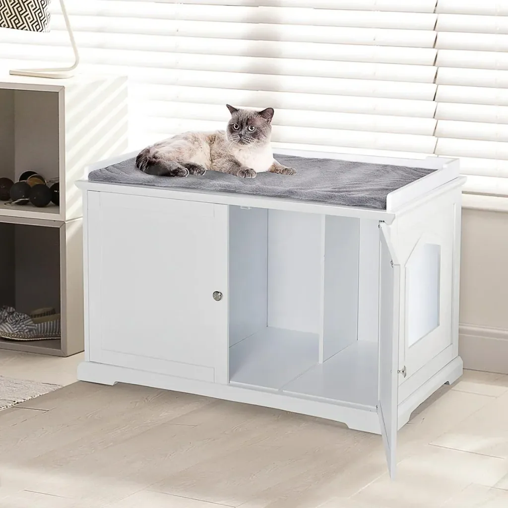 2-in-1 cat litter box with drawer and lid white+grey